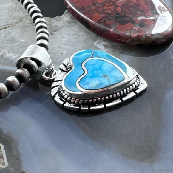 Native American Sterling Blue Ridge Turquoise Decorated Double Heart Pendant - Picture 3 of 10